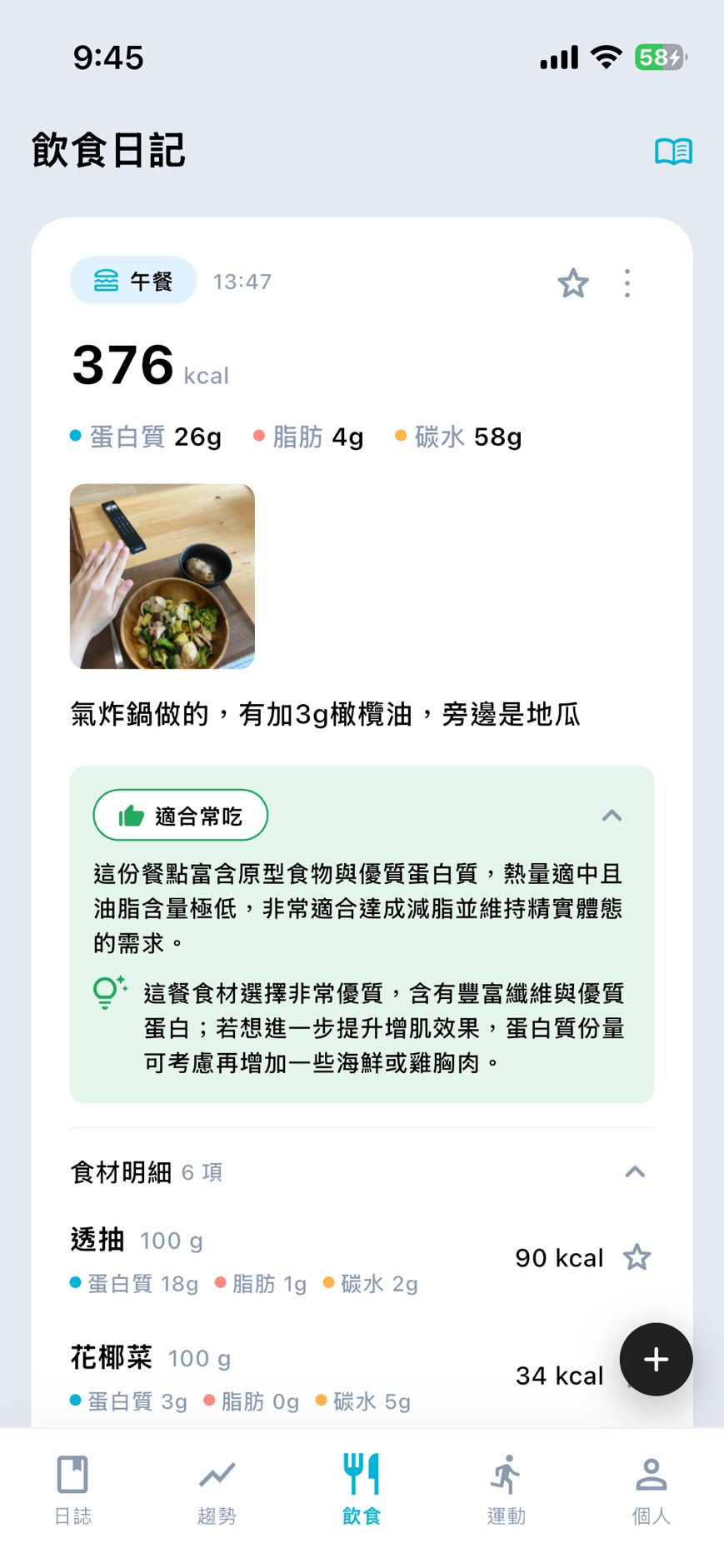 CozyBody 的每週營養圖表